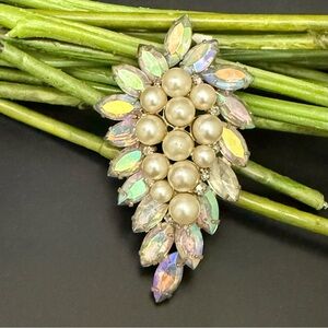 Vintage Aurora Borealis Marquise Rhinestones Faux Pearl Silver-tone Leaf Brooch
